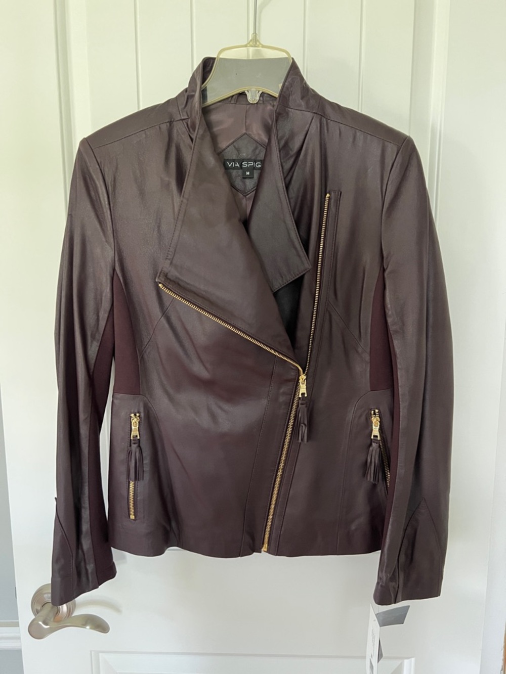 Via Spiga Burgundy Leather Asymmetrical Zip Jacket